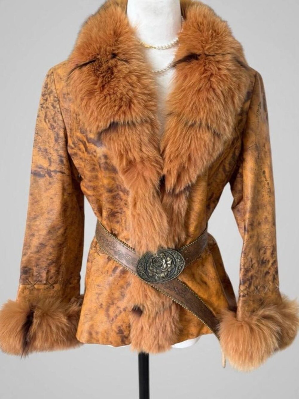 Brown Printed Leather Coat with Fur Collar